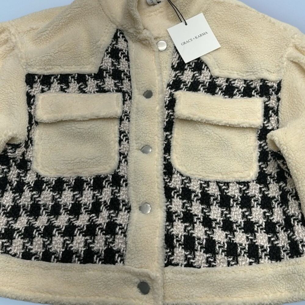GRACE + KARMA Women’s Large Fleece Black White Houndstooth Shacket - Picture 2 of 4